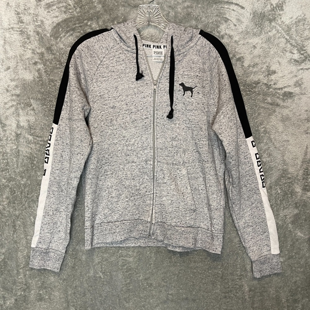 PINK Victoria Secret Women Y2K Spellout Heather Gray Full Zip Hooded Jacket M